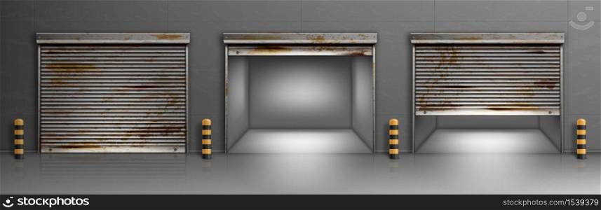 Rusty garage doors, warehouse entrances with ferruginous close and open roller shutters. Empty hangar boxes, Realistic 3d vector storage for car parking, rooms for repair service with metal doorways. Rusty garage doors, warehouse, hangar entrances