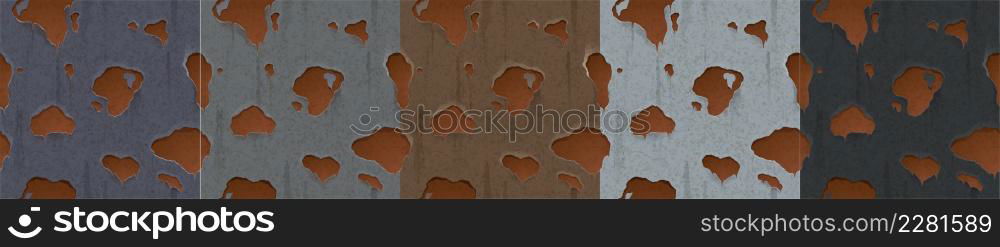 Rusty metal texture with holes, rust game design. Vector seamless background covered with brown ferruginous spots on rough metallic surface, old damaged weathered iron pattern, Realistic illustration. Vector seamless background with brown rusty spots