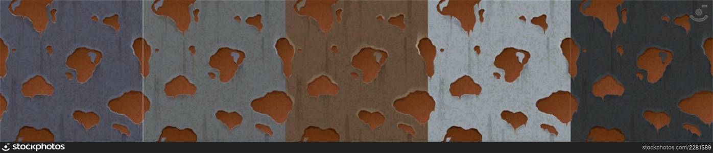 Rusty metal texture with holes, rust game design. Vector seamless background covered with brown ferruginous spots on rough metallic surface, old damaged weathered iron pattern, Realistic illustration. Vector seamless background with brown rusty spots
