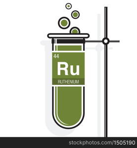 Ruthenium symbol on label in a green test tube with holder. Element number 44 of the Periodic Table of the Elements - Chemistry