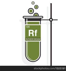 Rutherfordium symbol on label in a green test tube with holder. Element number 104 of the Periodic Table of the Elements - Chemistry