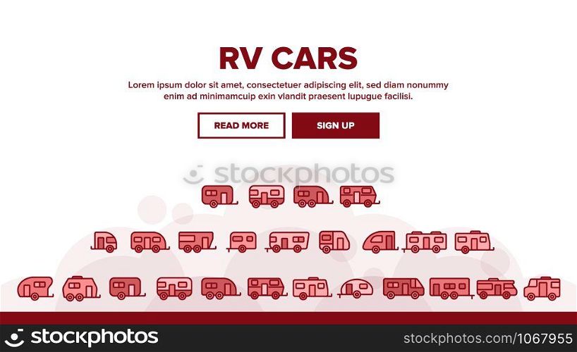 Rv Camper Cars Vehicle Landing Web Page Header Banner Template Vector. Different Types Rv Cars, Trailer, Automobile And Home On Wheels Linear Pictograms. Travel Camping Illustration. Rv Camper Cars Vehicle Landing Header Vector