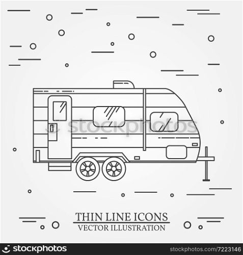RV camper trailer thin line. Camping RV trailer caravan outline icon. RV travel camper grey and white vector pictogram isolated on white. Summer camper family travel concept. Vector illustration.