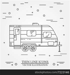RV camper trailer thin line. Camping RV trailer caravan outline icon. RV travel camper grey and white vector pictogram isolated on white. Summer camper family travel concept. Vector illustration.