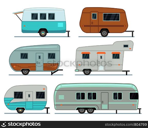 Rv camping trailers, travel mobile home, caravan vector set isolated. Home camper for travel, trailer mobile of collection illustration. Rv camping trailers, travel mobile home, caravan vector set isolated