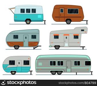 Rv camping trailers, travel mobile home, caravan vector set isolated. Home camper for travel, trailer mobile of collection illustration. Rv camping trailers, travel mobile home, caravan vector set isolated
