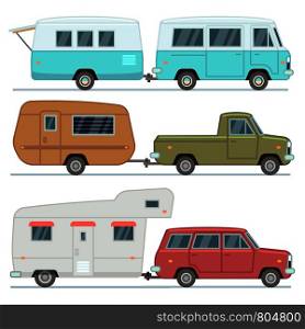 Rv cars, travel mobile houses, family camping trailers, motorhome vehicles vector set isolated. Car trailer vehicle with house illustration. Rv cars, travel mobile houses, family camping trailers, motorhome vehicles vector set isolated