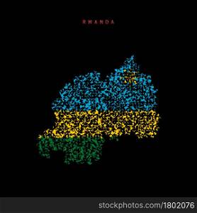Rwanda flag map, chaotic particles pattern in the colors of the Rwandan flag. Vector illustration isolated on black background.. Rwanda flag map, chaotic particles pattern in the Rwandan flag colors. Vector illustration