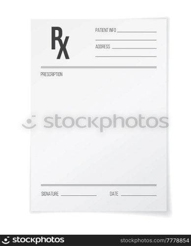 Rx form, pharmacy and hospital realistic vector paper blank sheet. Medical prescription document 3d mockup, isolated doctor Rx note pad and pharmacist receipt for prescription drugs and pills. Rx form, medical prescription blank paper mockup