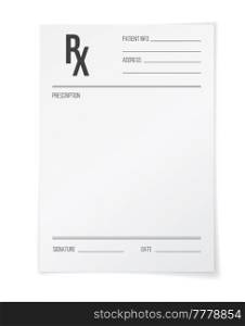 Rx form, pharmacy and hospital realistic vector paper blank sheet. Medical prescription document 3d mockup, isolated doctor Rx note pad and pharmacist receipt for prescription drugs and pills. Rx form, medical prescription blank paper mockup