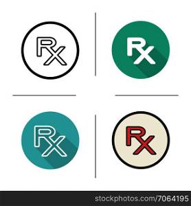 Rx icon. Flat design, linear and color styles. Medical prescription symbol. Isolated vector illustrations. Rx icon