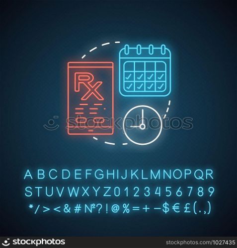 Rx medication intake reminder neon light concept icon. Prescription drugs, medicine scheduled alarm idea. Glowing sign with alphabet, numbers and symbols. Vector isolated illustration