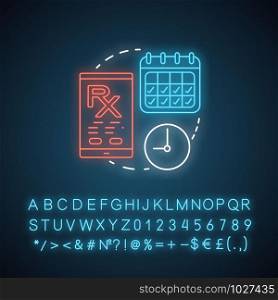 Rx medication intake reminder neon light concept icon. Prescription drugs, medicine scheduled alarm idea. Glowing sign with alphabet, numbers and symbols. Vector isolated illustration