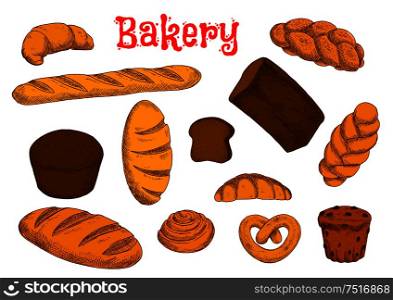 Rye bread and wheat long loaves, french baguette and croissants, cinnamon roll, cupcake with raisins, sweet braided buns and bavarian pretzel. Bakery and pastry sketches. Healthy bakery and pastry sketches