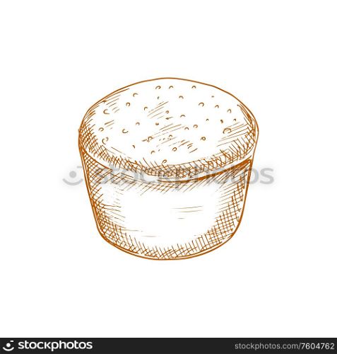 Rye round bread with sesame isolated monochrome sketch. Vector pastry loaf with caraway seeds. Bread with caraway seeds, round loaf drawn sketch