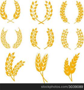 Rye wheat ears wreaths vector elements for bread and beer labels, logos. Rye wheat ears wreaths vector elements for bread and beer labels and logos. Harvest cereal golden rye illustration