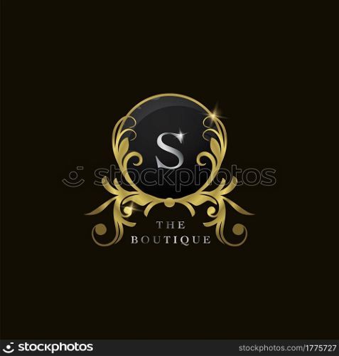 S Letter Golden Circle Shield Luxury Boutique Logo, vector design concept for initial, luxury business, hotel, wedding service, boutique, decoration and more brands.