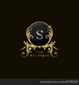 S Letter Golden Circle Shield Luxury Boutique Logo, vector design concept for initial, luxury business, hotel, wedding service, boutique, decoration and more brands.