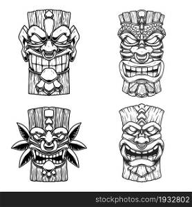 S?? of Illustrations of Tiki tribal wooden mask. Design element for logo, emblem, sign, poster, card, banner. Vector illustration