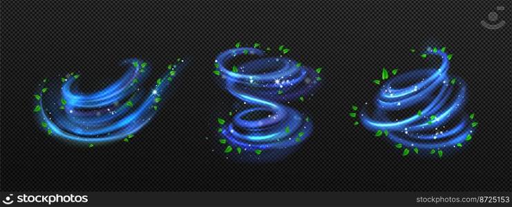 Sπral fresh air swirls with green m∫≤aves png. Realistic vector illustration set isolated on transparent background. Abstract motion of cur≤d blue vortex. Cool whirlwind bringing refreshment. Sπral fresh air swirls with green m∫≤aves png