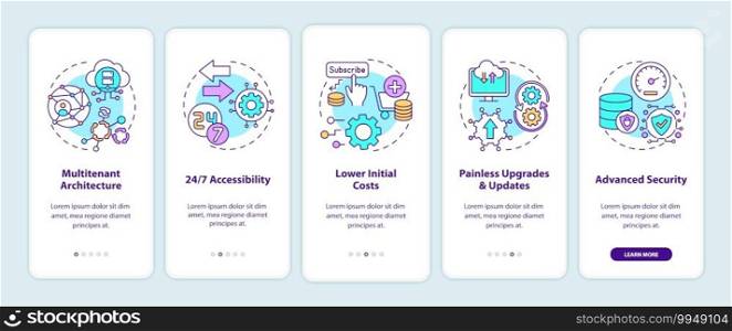 SaaS advantages onboarding mobile app page screen with concepts. Multitenant architecture, lower initial costs walkthrough 5 steps graphic instructions. UI vector template with RGB color illustrations. SaaS advantages onboarding mobile app page screen with concepts