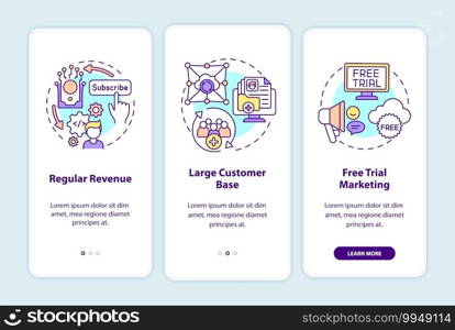 SaaS benefits for developers onboarding mobile app page screen with concepts. Regular revenue, customer base walkthrough 3 steps graphic instructions. UI vector template with RGB color illustrations. SaaS benefits for developers onboarding mobile app page screen with concepts