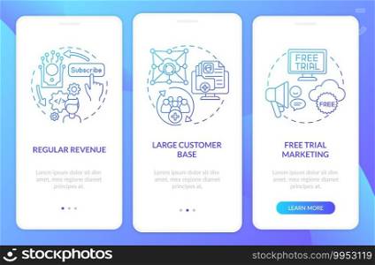 SaaS pluses for developers onboarding mobile app page screen with concepts. Constant revenue, client base walkthrough 3 steps graphic instructions. UI vector template with RGB color illustrations. SaaS pluses for developers onboarding mobile app page screen with concepts