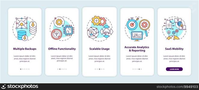SaaS pros onboarding mobile app page screen with concepts. Multiple backups, accurate analytics, mobility walkthrough 5 steps graphic instructions. UI vector template with RGB color illustrations. SaaS pros onboarding mobile app page screen with concepts