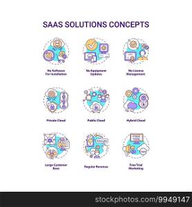 SaaS solutions concept icons set. Software-as-a-service idea thin line RGB color illustrations. Public, private, hybrid cloud. Large customer base. Vector isolated outline drawings. Editable stroke. SaaS solutions concept icons set
