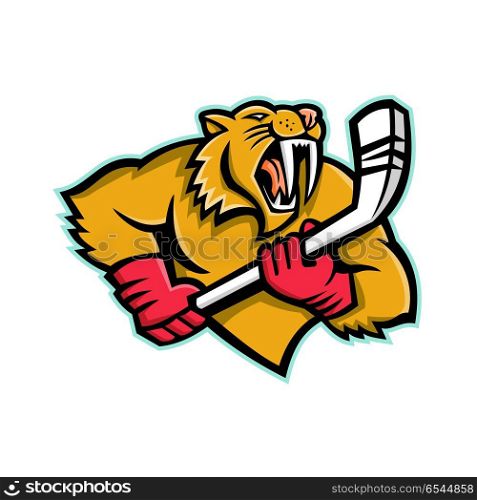 Saber Toothed Cat Ice Hockey Mascot. Mascot icon illustration of bust of a saber-toothed cat or Smilodon, with ice hockey stick viewed from front on isolated background in retro style.. Saber Toothed Cat Ice Hockey Mascot