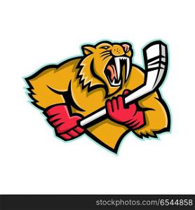 Saber Toothed Cat Ice Hockey Mascot. Mascot icon illustration of bust of a saber-toothed cat or Smilodon, with ice hockey stick viewed from front on isolated background in retro style.. Saber Toothed Cat Ice Hockey Mascot