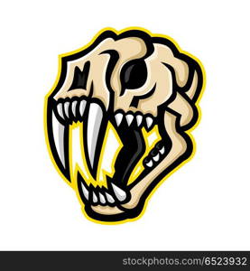 Saber-toothed Cat Skull Mascot. Mascot icon illustration of skull head of a saber-toothed cat or sabre-tooth viewed from side on isolated background in retro style.. Saber-toothed Cat Skull Mascot