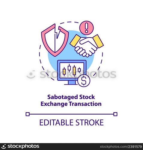 Sabotaged stock exchange transaction concept icon. Form of information warfare abstract idea thin line illustration. Isolated outline drawing. Editable stroke. Arial, Myriad Pro-Bold fonts used. Sabotaged stock exchange transaction concept icon