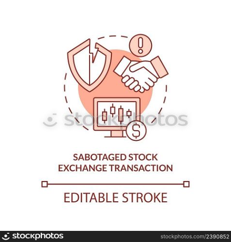 Sabotaged stock exchange transaction red concept icon. Form of information warfare abstract idea thin line illustration. Isolated outline drawing. Editable stroke. Arial, Myriad Pro-Bold fonts used. Sabotaged stock exchange transaction red concept icon