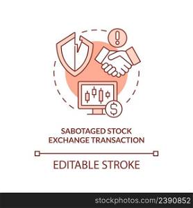 Sabotaged stock exchange transaction red concept icon. Form of information warfare abstract idea thin line illustration. Isolated outline drawing. Editable stroke. Arial, Myriad Pro-Bold fonts used. Sabotaged stock exchange transaction red concept icon