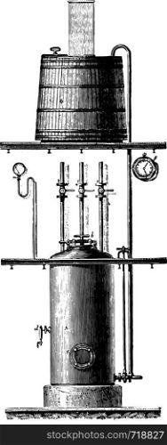 Saccharification under pressure, Colani and Kruger device, vintage engraved illustration. Industrial encyclopedia E.-O. Lami - 1875.