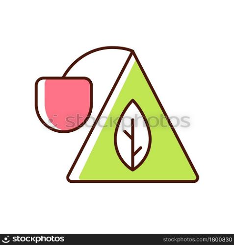 Sachet RGB color icon. Pyramid shaped package for tea. Whole leaf tea bag. Portion of beverage to brew. Natural refreshing drink. Isolated vector illustration. Simple filled line drawing. Sachet RGB color icon