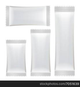 Sachet Vector Set. White Clean Blank Of Stick Sachet Packaging. Package Mock-up Plastic Pouch Snack Pack For Your Design. Disposable Packaging For Snacks, Food, Sugar. Isolated Illustration. Sachet Vector. White Empty Clean Blank Of Stick Sachet Packaging. Realistic Isolated Illustration