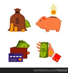 Sack money wallet with credit card, pig box and hand giving banknote, finance icons collection charity concept isolated on vector illustration. Sack with Money and Wallet Set Vector Illustration