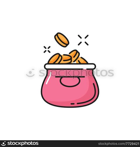 Sack of money, jar with savings, pink moneybag with golden coins isolated. Vector coins or cash, finance savings and deposit symbol. Moneybag jar, jackpot treasure funds, investment, charity profit. Pink money bag with coins isolated color pot