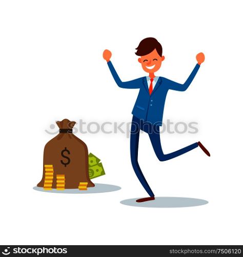 Sack with dollar sign full of golden coins and paper money bills and happy businessman with hands up vector isolated. Boss in suit ready to get money. Sack with Dollar Sign Golden Coins and Paper Money
