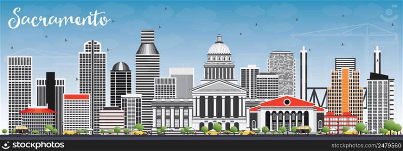 Sacramento Skyline with Gray Buildings and Blue Sky. Vector Illustration. Business Travel and Tourism Concept with Modern Architecture. Image for Presentation Banner Placard and Web Site.