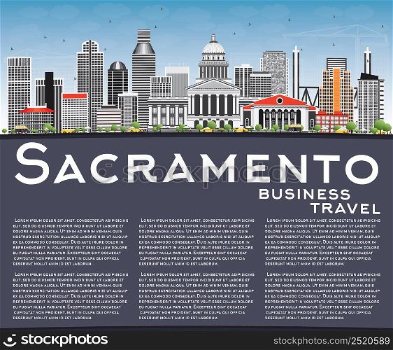 Sacramento Skyline with Gray Buildings, Blue Sky and Copy Space. Vector Illustration. Business Travel and Tourism Concept with Modern Architecture. Image for Presentation Banner Placard and Web Site.