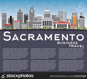 Sacramento Skyline with Gray Buildings, Blue Sky and Copy Space. Vector Illustration. Business Travel and Tourism Concept with Modern Architecture. Image for Presentation Banner Placard and Web Site.