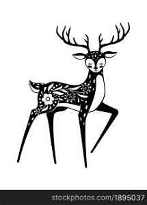 Sacred animal, noble deer in white black. Vector animal deer symbol, wild tattoo and wildlife art, nature stag illustration. Sacred animal, noble deer in white black