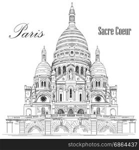 Sacred basilica Sacre Coeur in Paris, France vector hand drawing illustration in black color isolated on white background