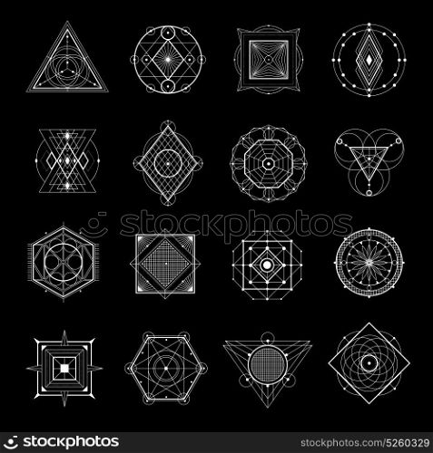 Sacred Geometry On Black Set. Sacred geometry white elements and symbols set isolated on black background flat vector illustration
