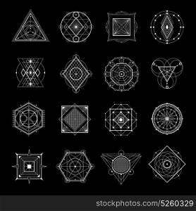 Sacred Geometry On Black Set. Sacred geometry white elements and symbols set isolated on black background flat vector illustration
