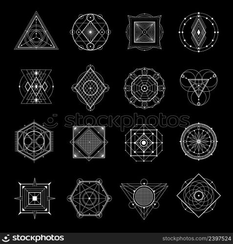 Sacred geometry white elements and symbols set isolated on black background flat vector illustration. Sacred Geometry On Black Set