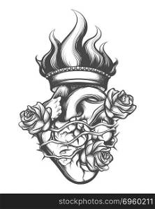 Sacred Heart drawn in engraving style. Vector illustration.. Sacred Heart Engraving Illustration